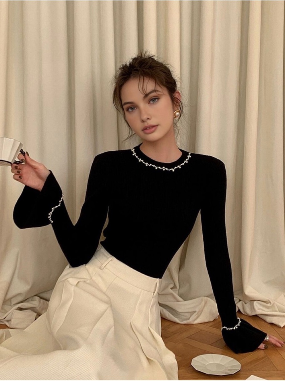 Commense Black Crewneck Sweater with Pearl Trim